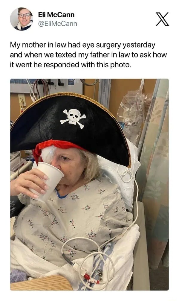 My mother in law had eye surgery yesterday and when we texted my father in law to ask how it went he responded with this photo.