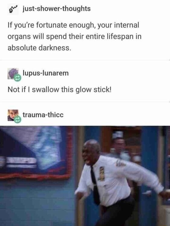 If you’re fortunate enough, your internal organs will spend their entire lifespan in absolute darkness. Not if I swallow this glow stick!