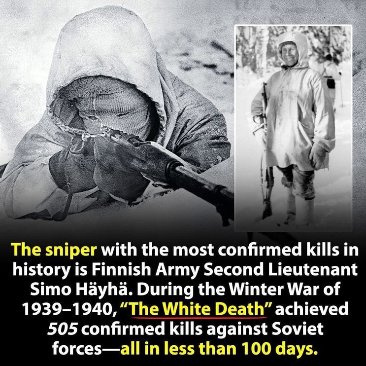 The sniper with the most confirmed kills in history is Finnish Army Second Lieutenant Simo Häyhä. During the Winter War of 1939-1940, 
