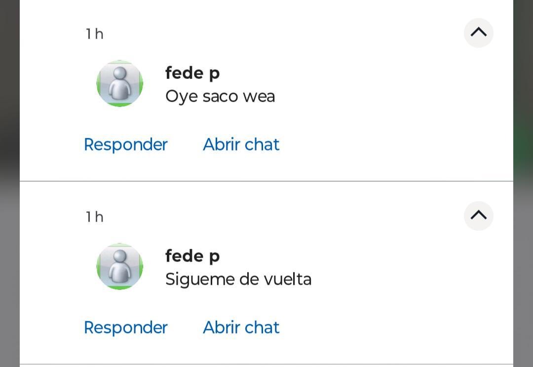 fede p
Oye saco wea

fede p
Sigueme de vuelta