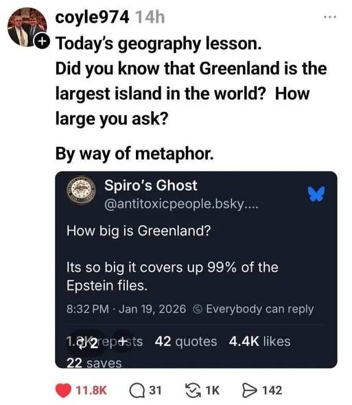 Today's geography lesson. Did you know that Greenland is the largest island in the world? How large you ask? By way of metaphor. Spiro's Ghost @antitoxicpeople.bsk... How big is Greenland? Its so big it covers up 99% of the Epstein files. 8:32 PM · Jan 19, 2026 Everybody can reply