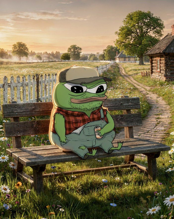Pepe the Frog cartoon sitting on a bench in a countryside setting.