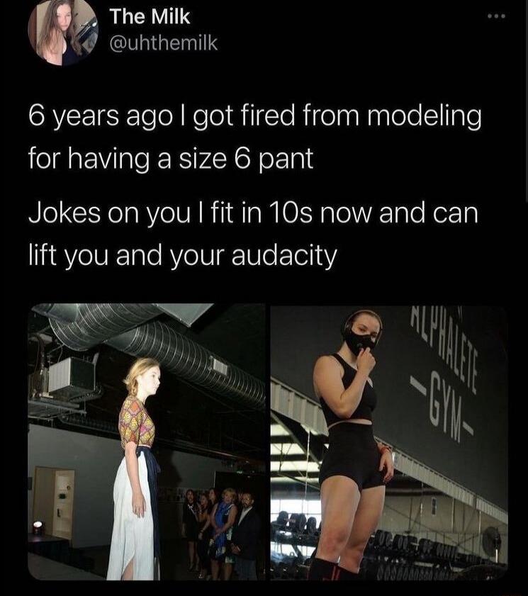 6 years ago I got fired from modeling for having a size 6 pant

Jokes on you I fit in 10s now and can lift you and your audacity