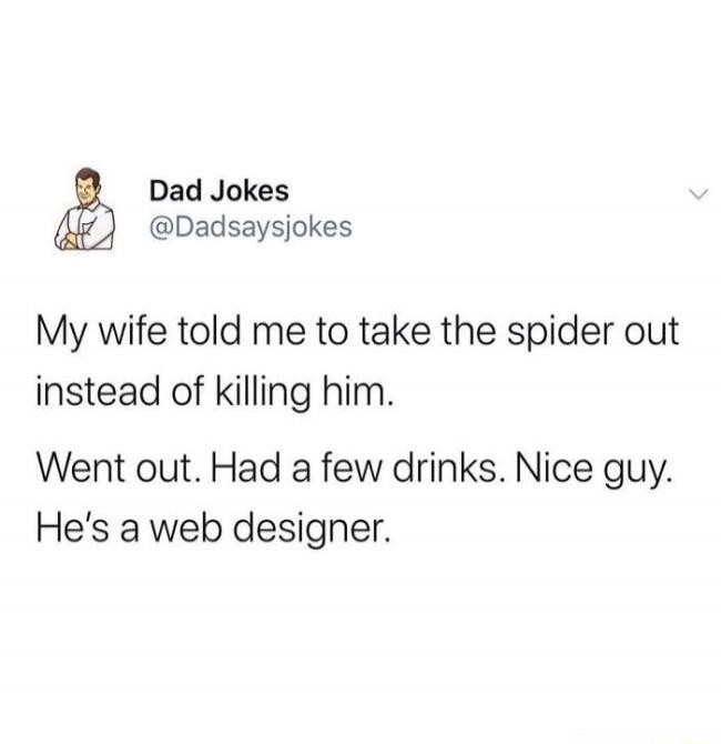 My wife told me to take the spider out instead of killing him.
Went out. Had a few drinks. Nice guy. He's a web designer.