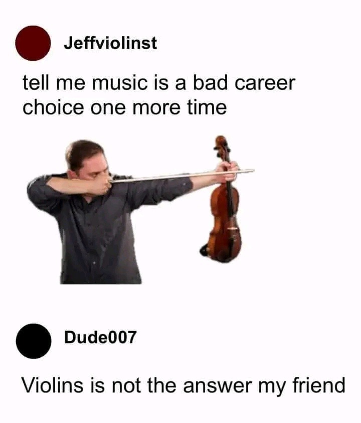 tell me music is a bad career choice one more time
Violins is not the answer my friend