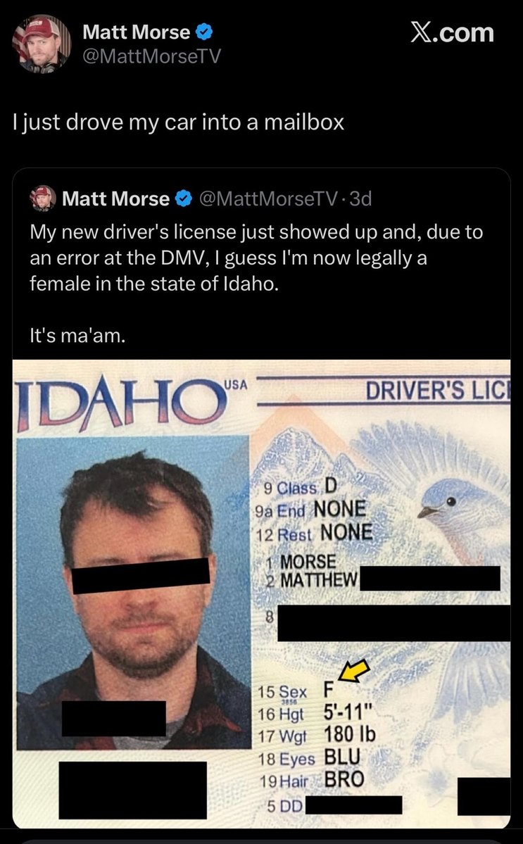 I just drove my car into a mailbox
My new driver's license just showed up and, due to an error at the DMV, I guess I'm now legally a female in the state of Idaho. It's ma'am.