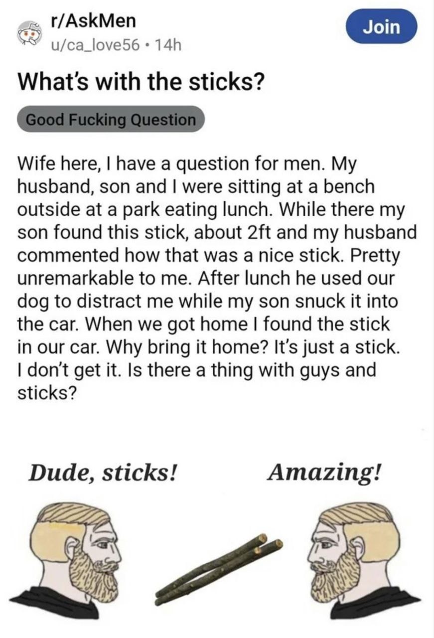 What’s with the sticks? Good Fucking Question Wife here, I have a question for men. My husband, son and I were sitting at a bench outside at a park eating lunch. While there my son found this stick, about 2ft and my husband commented how that was a nice stick. Pretty unremarkable to me. After lunch he used our dog to distract me while my son snuck 