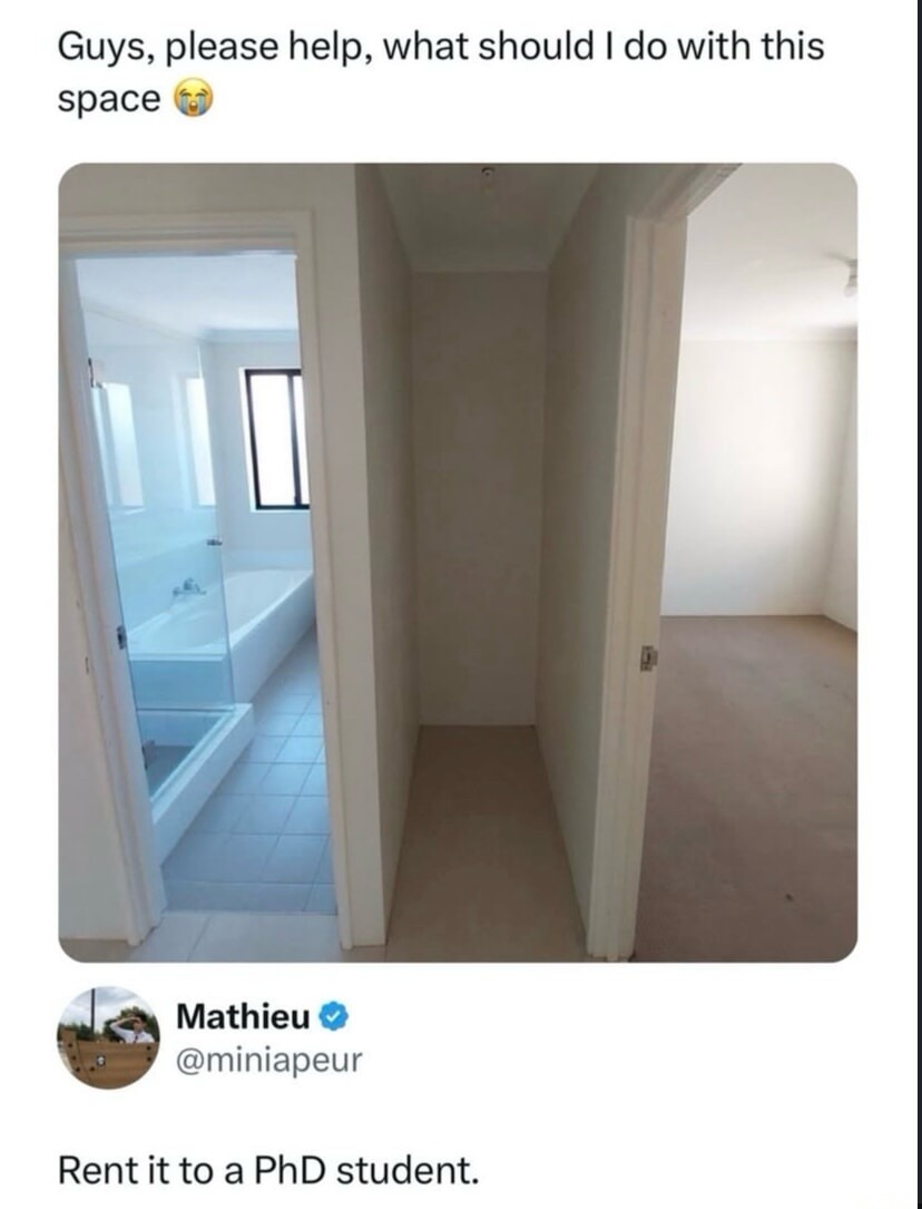 Guys, please help, what should I do with this space 😢
Rent it to a PhD student.