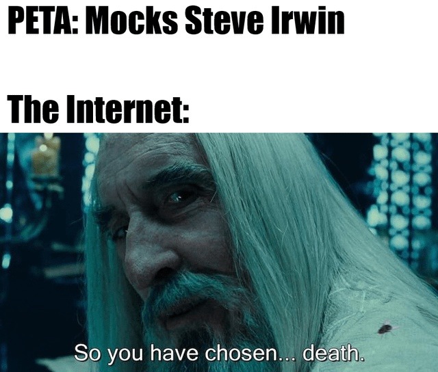 PETA: Mocks Steve Irwin
The Internet:
So you have chosen... death.