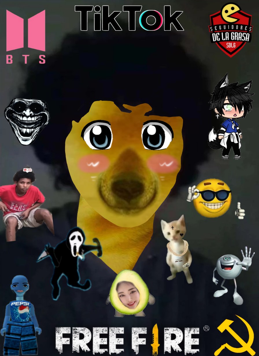 Collage de memes con TikTok, BTS y Free Fire con varios stickers y personajes.