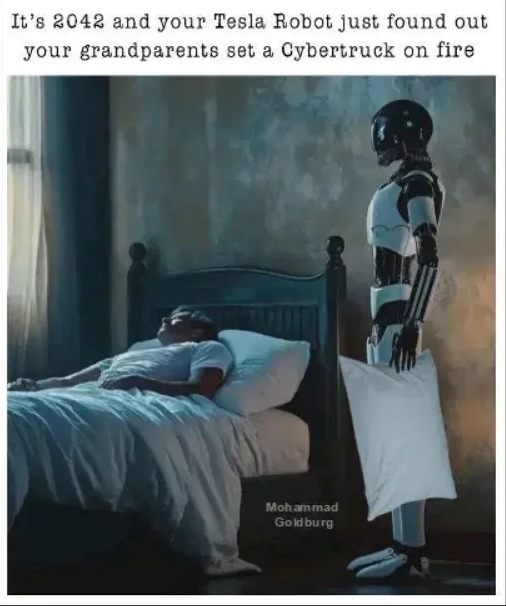 It's 2042 and your Tesla Robot just found out your grandparents set a Cybertruck on fire