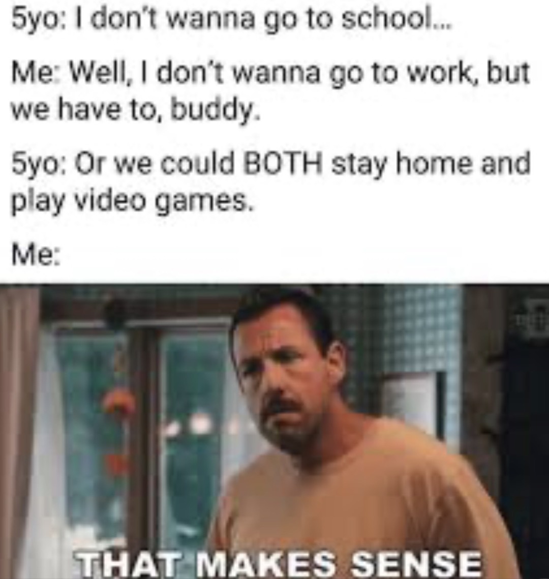 5yo: I don't wanna go to school...
Me: Well, I don't wanna go to work, but we have to, buddy.
5yo: Or we could BOTH stay home and play video games.
Me: THAT MAKES SENSE