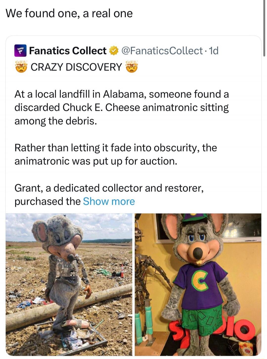 CRAZY DISCOVERY 🥳 At a local landfill in Alabama, someone found a discarded Chuck E. Cheese animatronic sitting among the debris. Rather than letting it fade into obscurity, the animatronic was put up for auction. Grant, a dedicated collector and restorer, purchased the Show more