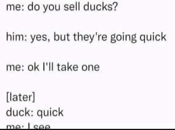 me: do you sell ducks?
him: yes, but they're going quick
me: ok I'll take one
[later]
duck: quick
me: I see