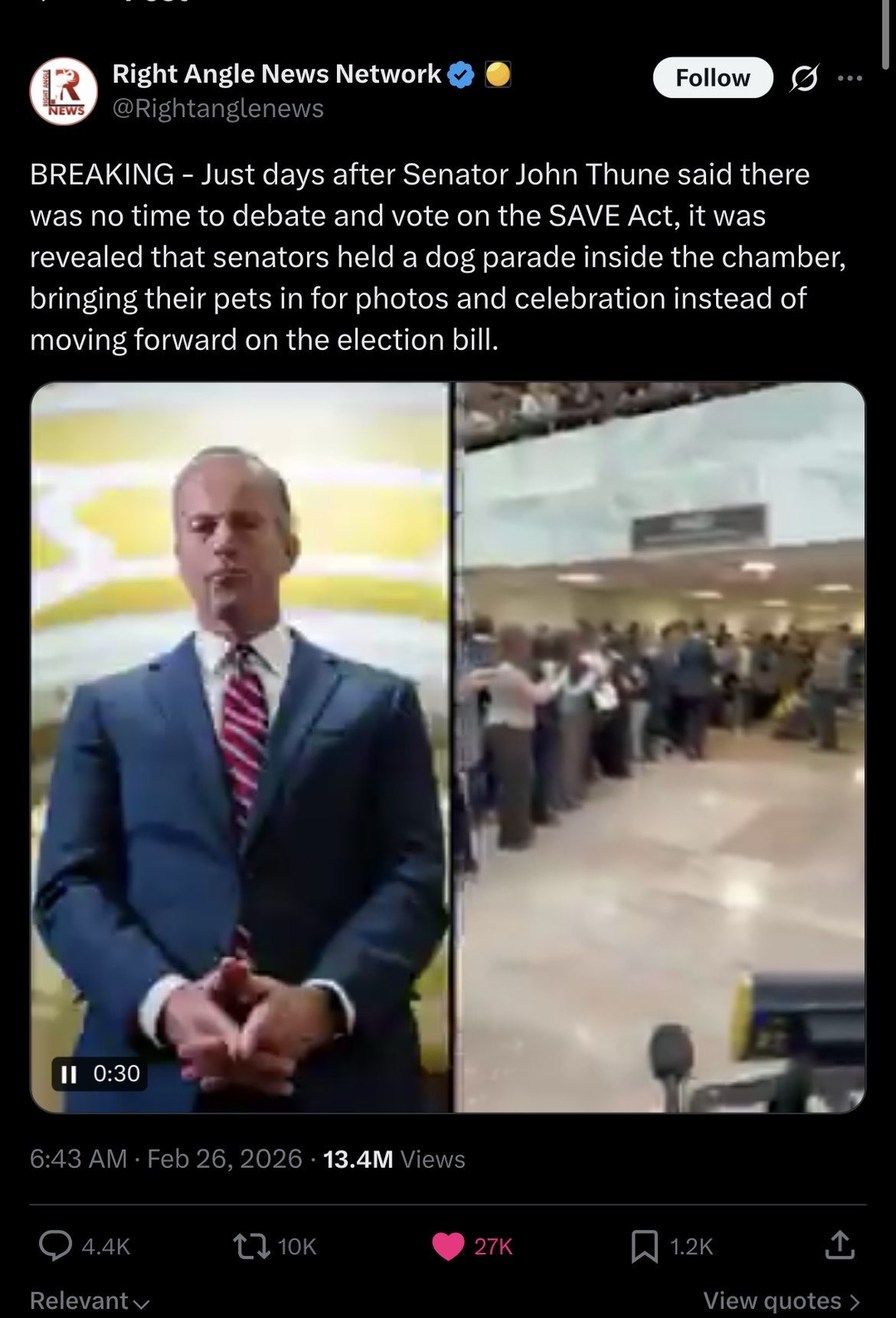 BREAKING - Just days after Senator John Thune said there was no time to debate and vote on the SAVE Act, it was revealed that senators held a dog parade inside the chamber, bringing their pets in for photos and celebration instead of moving forward on the election bill.