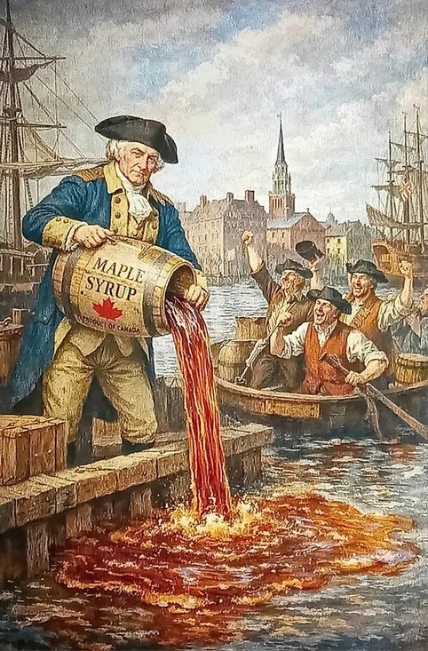 Vintage illustration of a man pouring maple syrup into the water from a barrel, as people watch nearby.