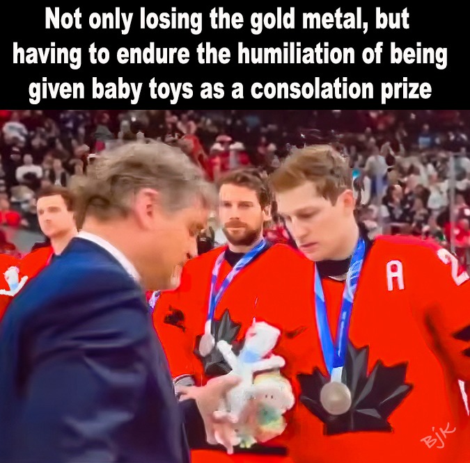 Not only losing the gold metal, but having to endure the humiliation of being given baby toys as a consolation prize