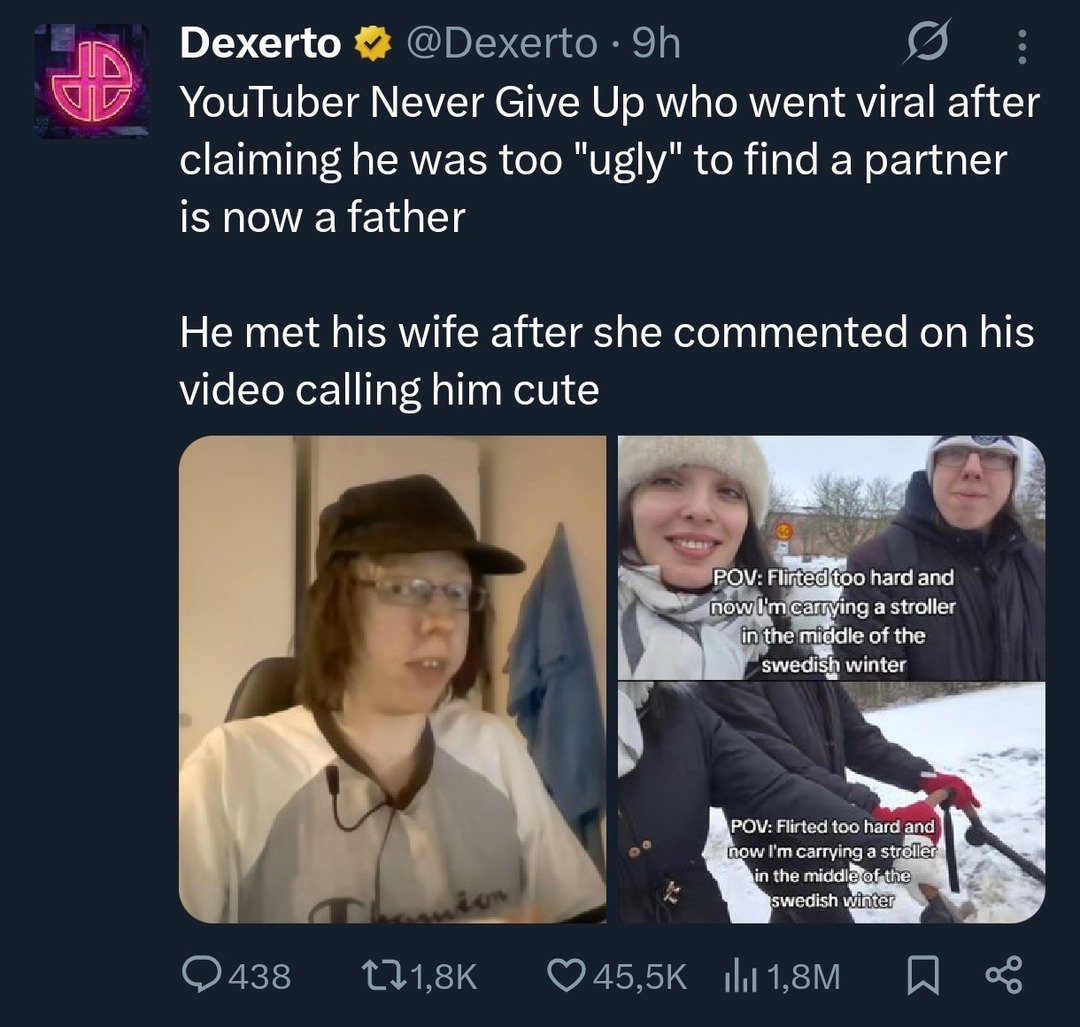 YouTuber Never Give Up who went viral after claiming he was too 'ugly' to find a partner is now a father He met his wife after she commented on his video calling him cute