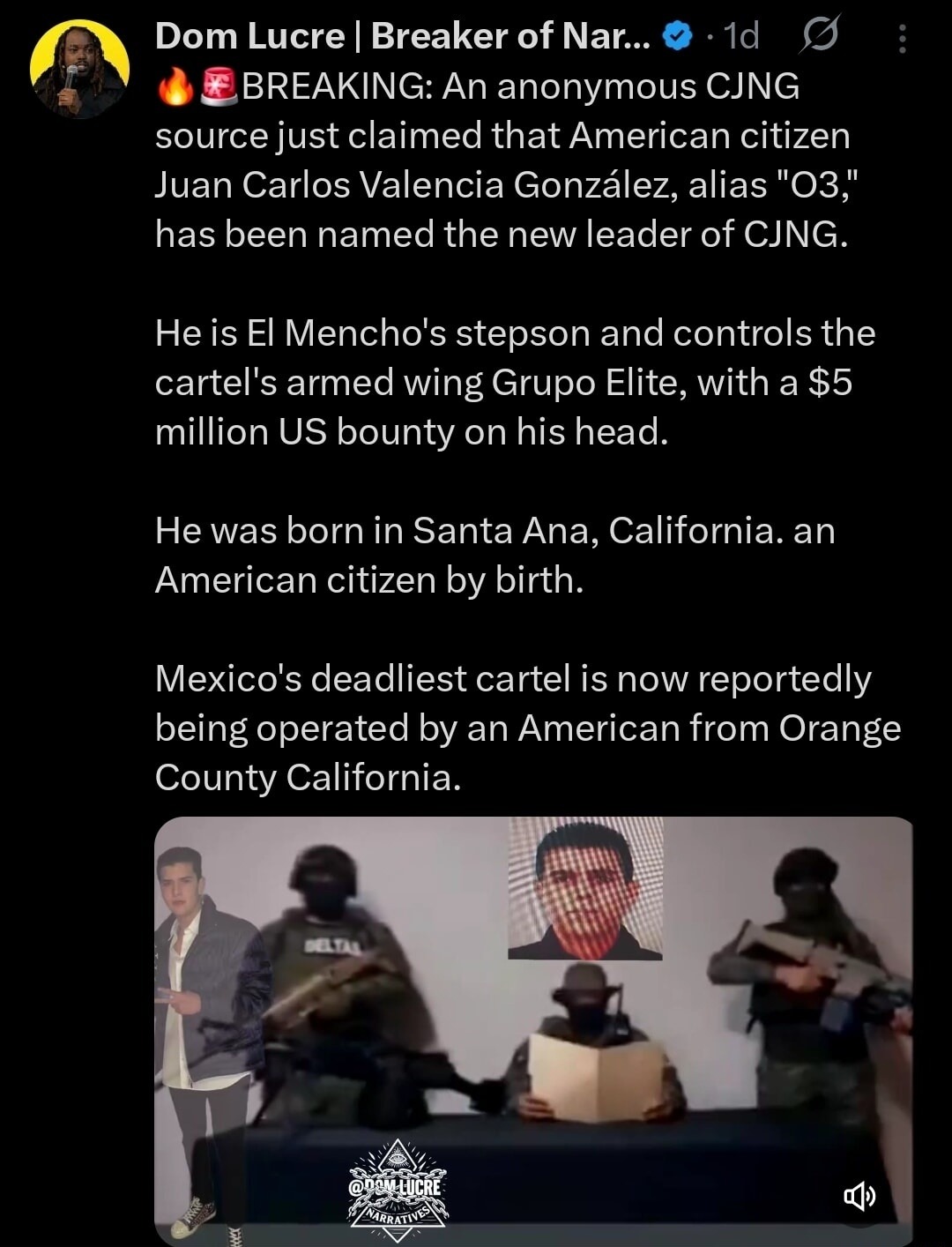 🔥🧯 BREAKING: An anonymous CJNG source just claimed that American citizen Juan Carlos Valencia González, alias 
