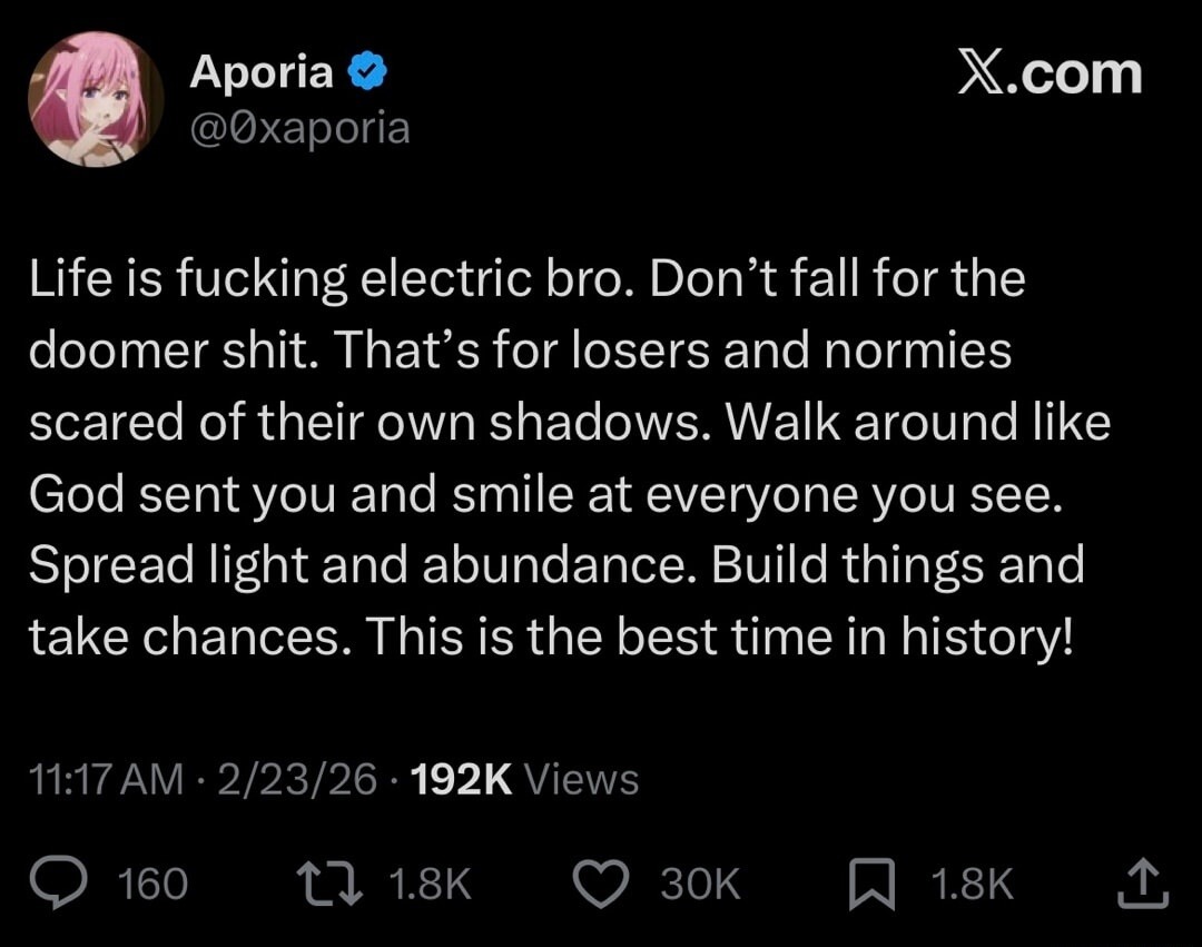 Life is fucking electric bro. Don’t fall for the doomer shit. That’s for losers and normies scared of their own shadows. Walk around like God sent you and smile at everyone you see. Spread light and abundance. Build things and take chances. This is the best time in history!