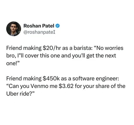 Friend making $20/hr as a barista: “No worries bro, I’ll cover this one and you’ll get the next one!”

Friend making $450k as a software engineer: “Can you Venmo me $3.62 for your share of the Uber ride?”