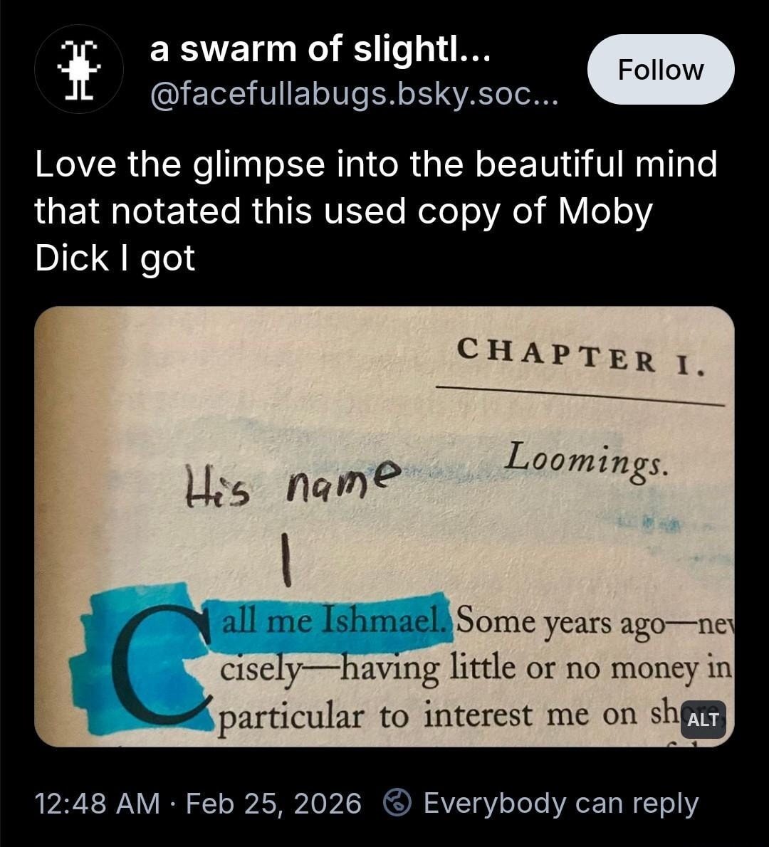 Love the glimpse into the beautiful mind that notated this used copy of Moby Dick I got
