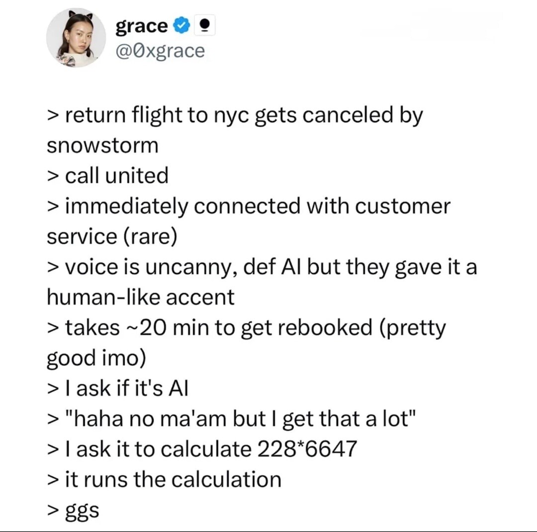 > return flight to nyc gets canceled by snowstorm
> call united
> immediately connected with customer service (rare)
> voice is uncanny, def AI but they gave it a human-like accent
> takes ~20 min to get rebooked (pretty good imo)
> I ask if it's AI
> 