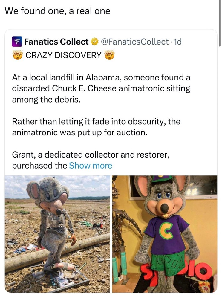 CRAZY DISCOVERY At a local landfill in Alabama, someone found a discarded Chuck E. Cheese animatronic sitting among the debris. Rather than letting it fade into obscurity, the animatronic was put up for auction. Grant, a dedicated collector and restor er, purchased the Show more
