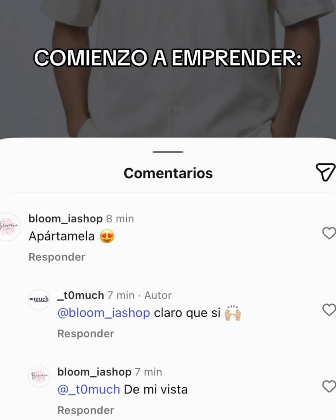 COMIENZO A EMPRENDER:

Comentarios
bloom_iashop 8 min
Apartamela 😍
Responder

_t0much 7 min - Autor
@bloom_iashop claro que si 🙌
Responder

bloom_iashop 7 min
@_t0much De mi vista