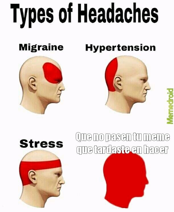 Types of Headaches
Migraine
Hypertension
Stress
Que no pasen tu meme que tardaste en hacer