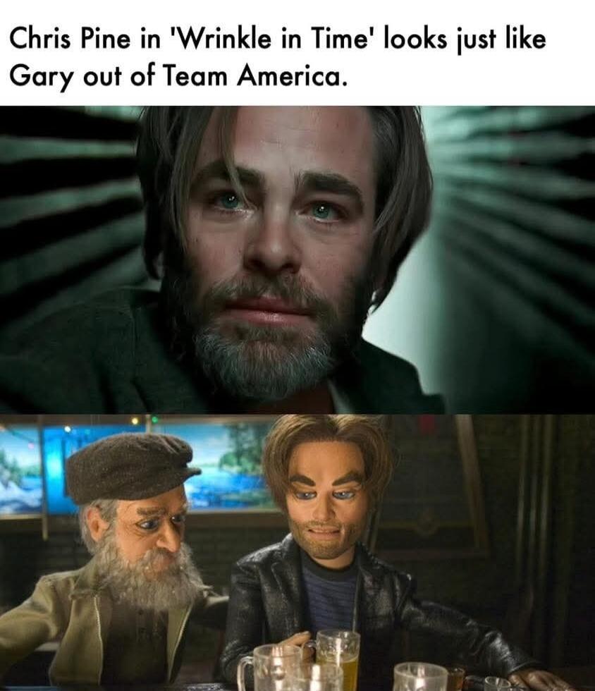 Chris Pine in 'Wrinkle in Time' looks just like Gary out of Team America.