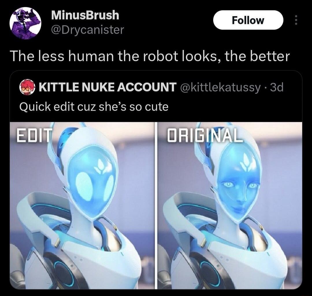 The less human the robot looks, the better. EDIT vs ORIGINAL: Quick edit cuz she’s so cute.
