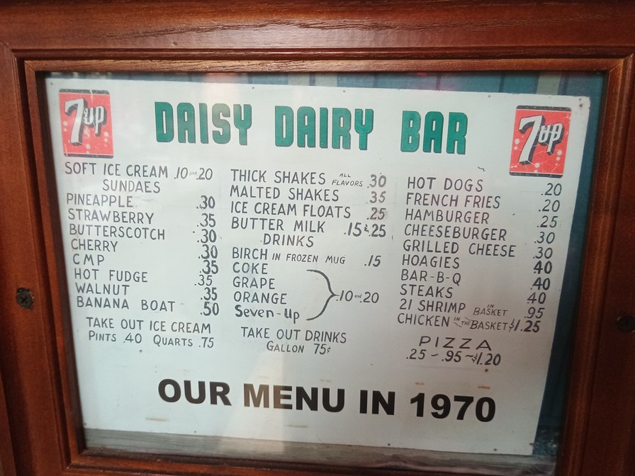 DAISY DAIRY BAR
OUR MENU IN 1970
(Image shows a vintage menu board with items and prices from the Daisy Dairy Bar, nostalgia text, and 7up branding.)