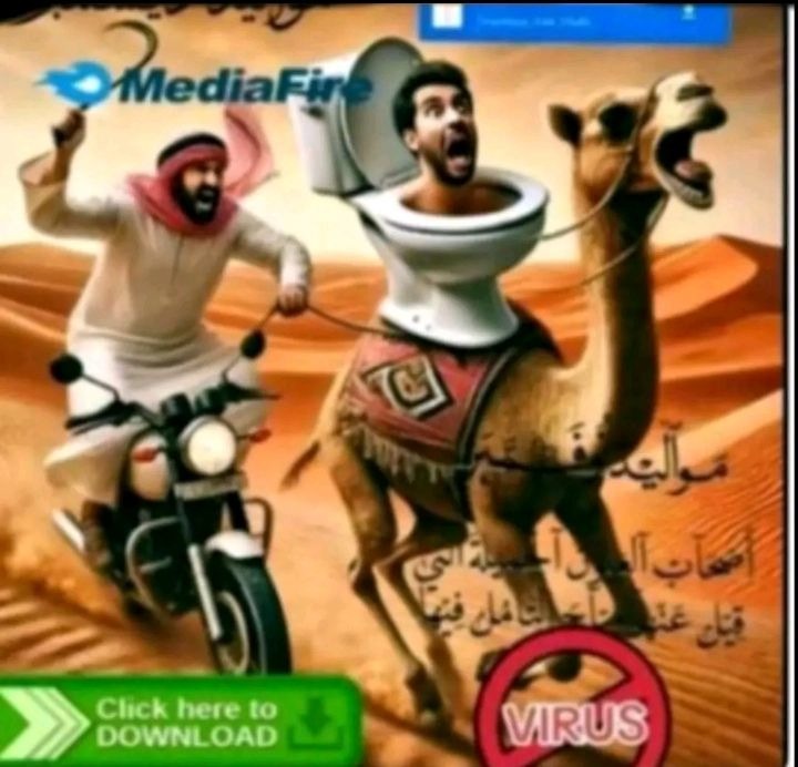 MediaFire watermark on a cartoon desert image; a man on a motorbike chasing a man in a spacesuit riding a camel; a green button that says 'Click here to DOWNLOAD'; a pink circular badge that says 'VIRUS'; there is some Arabic text on the camel saddle.