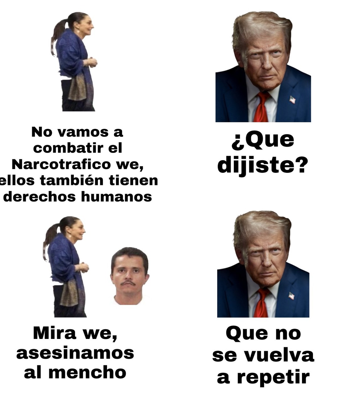 No vamos a combatir el Narcotráfico we, ellos también tienen derechos humanos
Mira we, asesinanos al mencho
¿Que dijiste?
Que no se vuelva a repetir