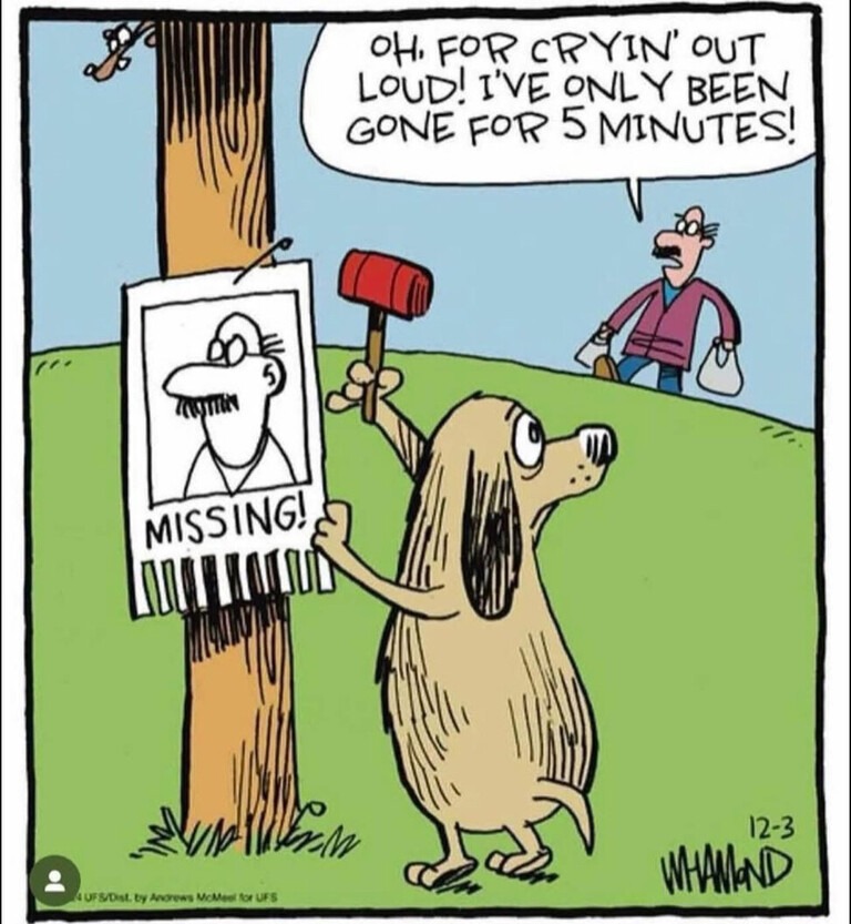 OH, FOR CRYIN' OUT LOUD! I'VE ONLY BEEN GONE FOR 5 MINUTES! MISSING!