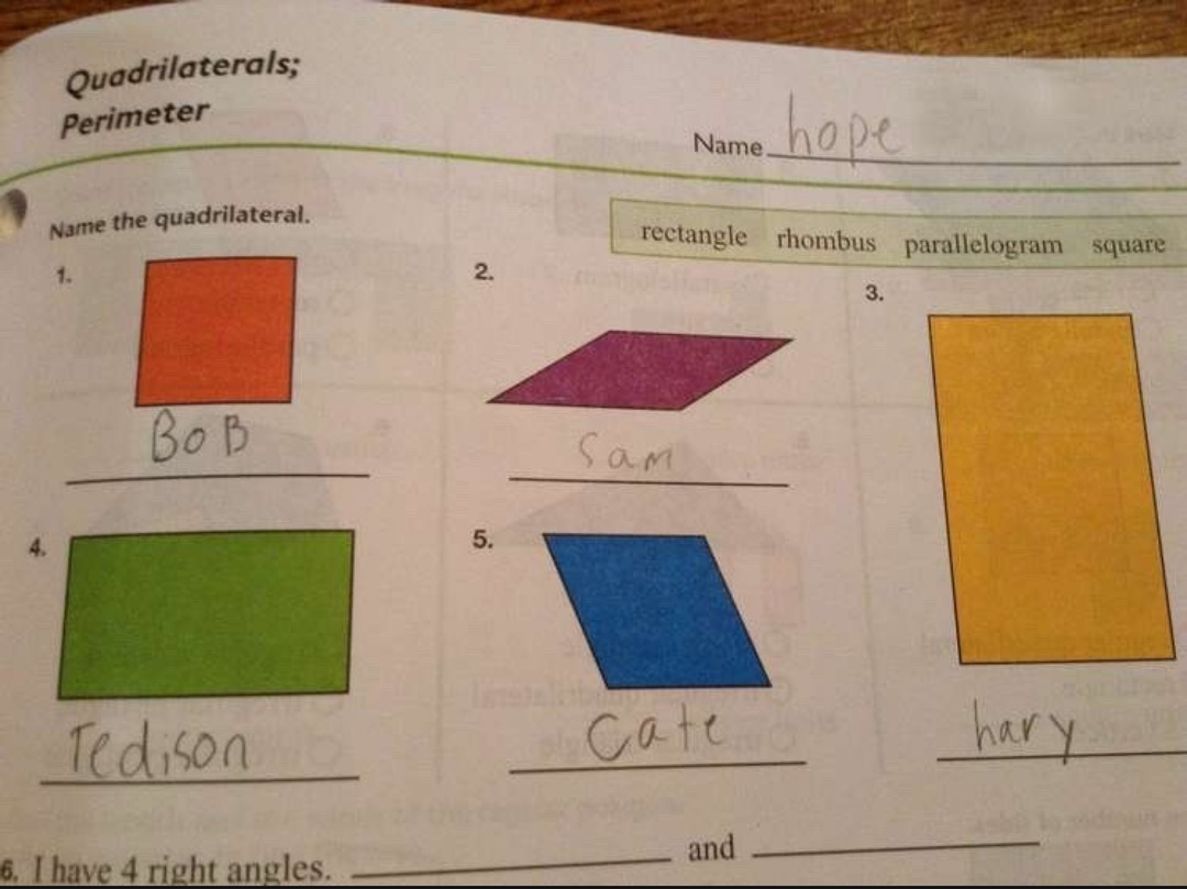 Quadrilaterals; Perimeter
Name the Quadrilateral
1. [red square] Bob
2. [purple parallelogram] Sam
3. [orange tall rectangle] Harry
4. [green rectangle] Tedison
5. [blue trapezoid] Cate
Name: hope