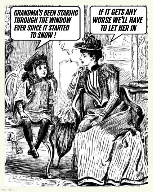 Grandma's been staring through the window ever since it started to snow! If it gets any worse we'll have to let her in