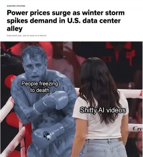 Power prices surge as winter storm spikes demand in U.S. data center alley

People freezing to death
Shitty AI videos