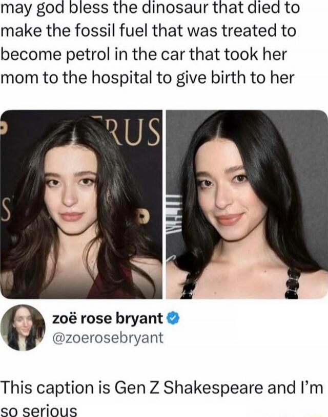 may god bless the dinosaur that died to make the fossil fuel that was treated to become petrol in the car that took her mom to the hospital to give birth to her

zoë rose bryant
@z oero sebryant
This caption is Gen Z Shakespeare and I’m so serious