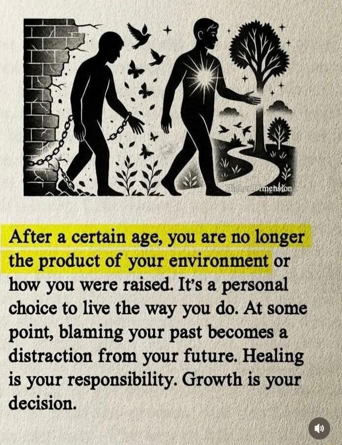 After a certain age, you are no longer the product of your environment or how you were raised. It's a personal choice to live the way you do. At some point, blaming your past becomes a distraction from your future. Healing is your responsibility. Growth is your decision.