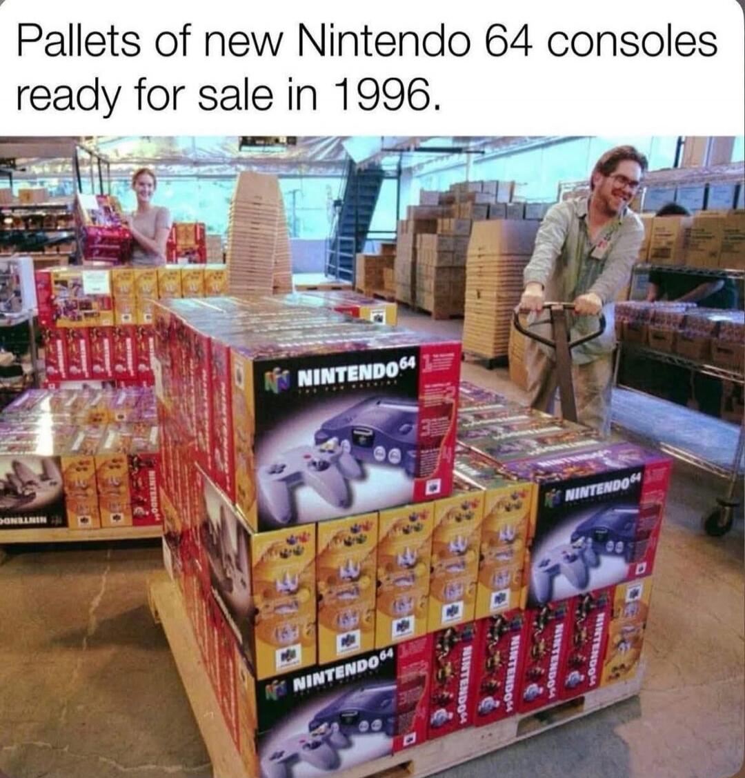 Pallets of new Nintendo 64 consoles ready for sale in 1996.