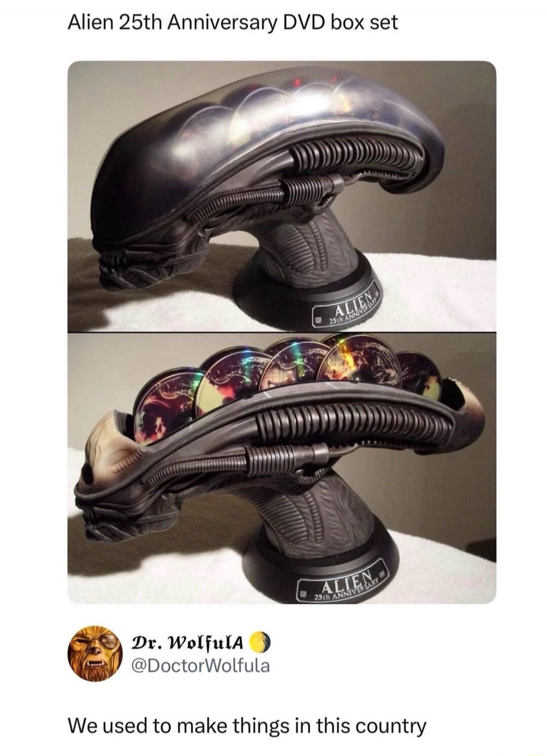 Alien 25th Anniversary DVD box set

[Image of Alien helmet/box art with text: 'Alien 25th Anniversary DVD box set' and a slogan 'We used to make things in this country']