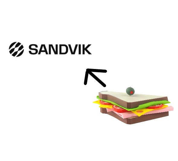 SANDVIK logo with a sandwich meme (arrow pointing to sandwich)