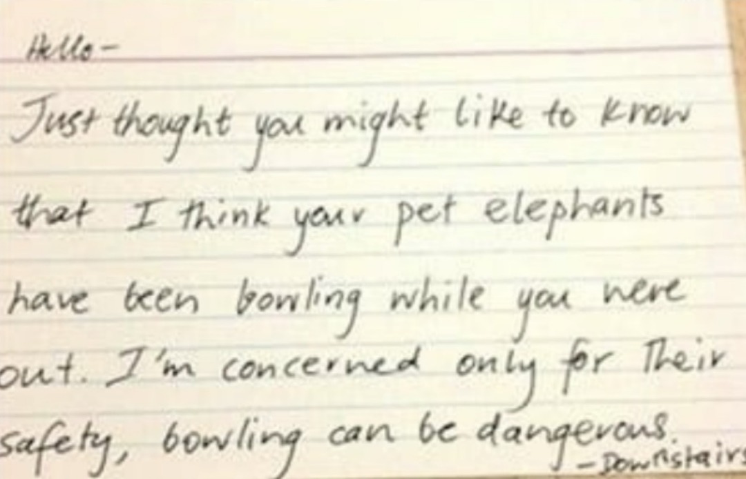 Just thought you might like to know that I think your pet elephants have been bowling while you were out. I'm concerned only for their safety, bowling can be dangerous. - Dowshair