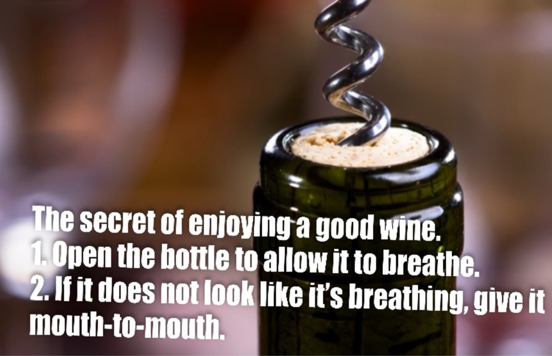 The secret of enjoying a good wine. 1. Open the bottle to allow it to breathe. 2. If it does not look like it’s breathing, give it mouth-to-mouth.