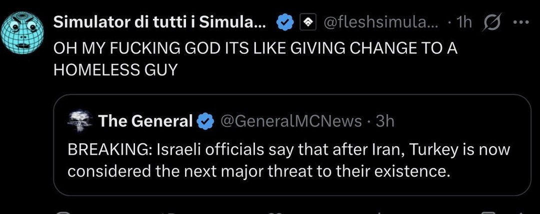 OH MY FUCKING GOD ITS LIKE GIVING CHANGE TO A HOMELESS GUY
BREAKING: Israeli officials say that after Iran, Turkey is now considered the next major threat to their existence.