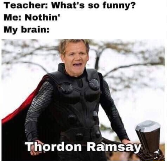 Teacher: What's so funny? Me: Nothin' My brain: Thordon Ramsay