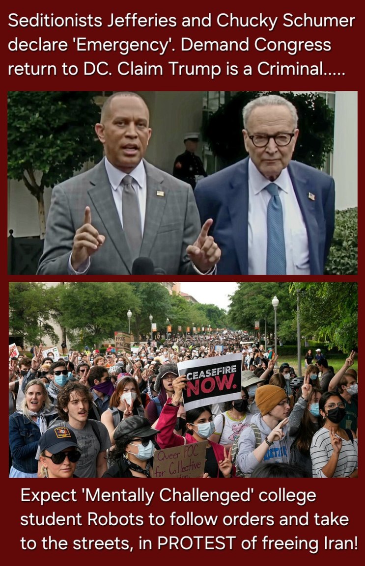 Seditionists Jefferies and Chucky Schumer declare 'Emergency'. Demand Congress return to DC. Claim Trump is a Criminal.....

Expect 'Mentally Challenged' college student Robots to follow orders and take to the streets, in PROTEST of freeing Iran!