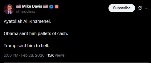 Ayatollah Ali Khamenei:

Obama sent him pallets of cash.

Trump sent him to hell.